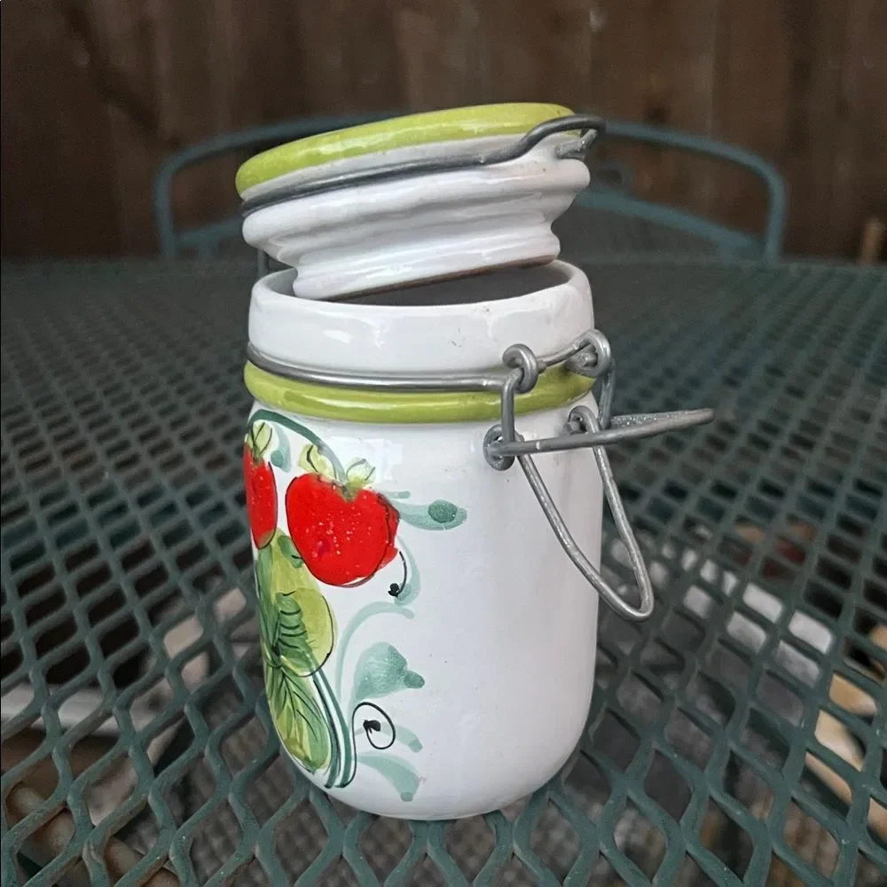 Vintage Italian Red and Green Strawberry Hinged Ceramic Jar Canister with Lid